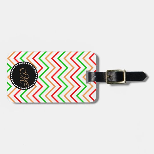 モノグラム付きピンク色オレンジ色の緑のシェブロンパターン ラゲッジタグ (正面横)