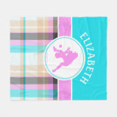 モノグラム付き女子ソフトボール夏タータンチェック フリースブランケット (正面(横))