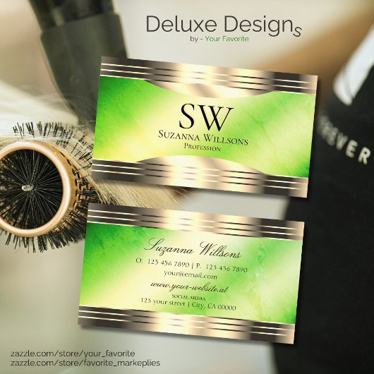 モノグラム付き明るい緑縁どの大理石金ゴールド 名刺