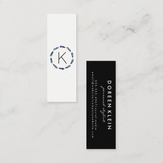 モノグラム付き星の羽毛パターン スキニー名刺 (正面/裏面)