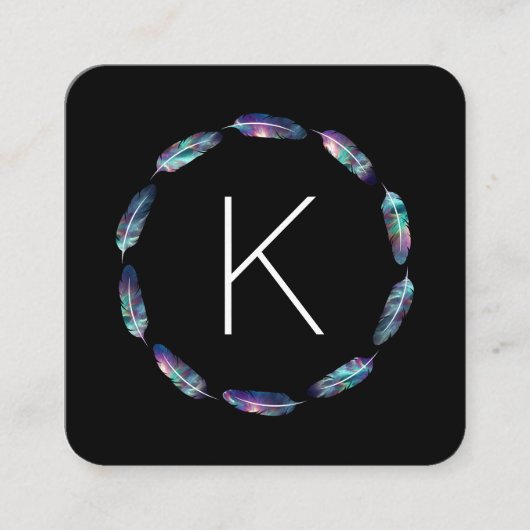 モノグラム付き星の羽毛パターン スクエア名刺 (正面)