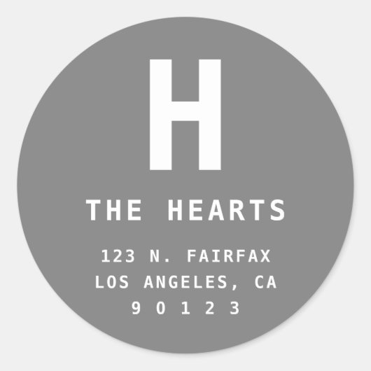 モノグラム付き編集可能な返送先住所 | グレー ラウンドシール (正面)