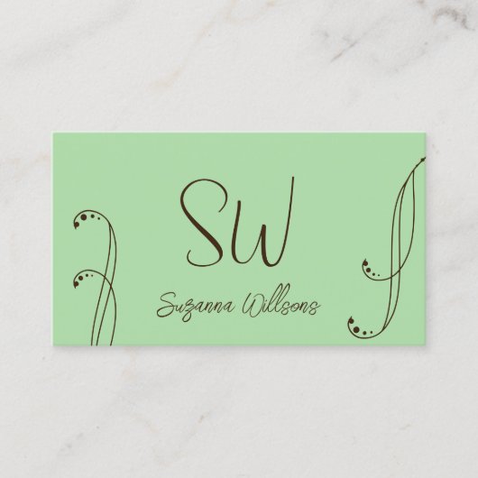 モノグラム付き薄いモダン緑と華美茶色 名刺 (正面)