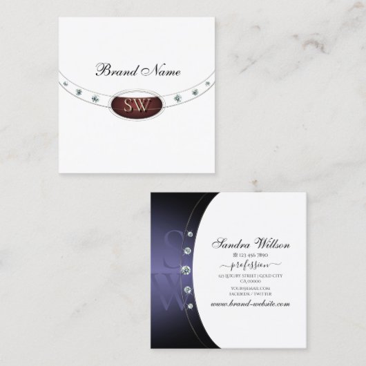 モノグラム付き贅沢なホワイトブルーシルバークローム スクエア名刺 (正面/裏面)