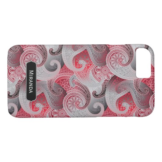 モノグラム付き赤いグレーと黒のペイズリーパターン Case-Mate iPhoneケース (裏面(横))