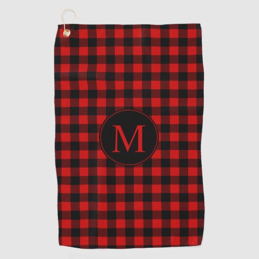 モノグラム付き頑丈な赤いバッファローのプレイド ゴルフタオル (正面)