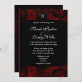 モノグラム付き黒と赤のダマスク招待状 招待状 (正面/裏面)