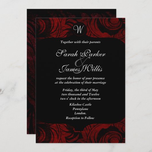 モノグラム付き黒と赤のダマスク招待状 招待状 (正面/裏面)