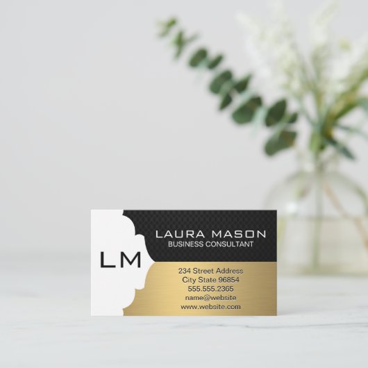 モノグラム企業の付き金ゴールドブラシ付きブラックメッシュ 名刺 (スタンド正面)