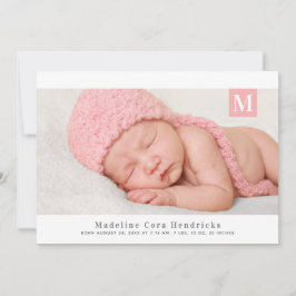 モノグラム伝統的ガール写真誕生のお知らせ 招待状