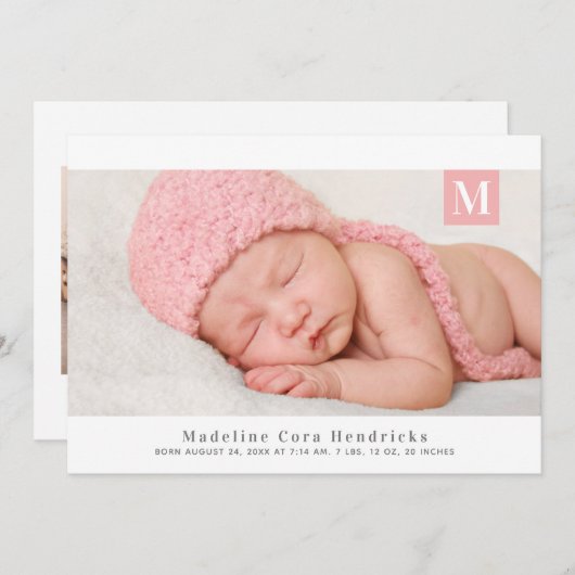 モノグラム伝統的ガール写真誕生のお知らせ 招待状 (正面/裏面)