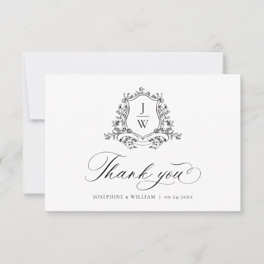 モノグラム伝統的クレストフローラエレガントな結婚式 サンキューカード (正面)