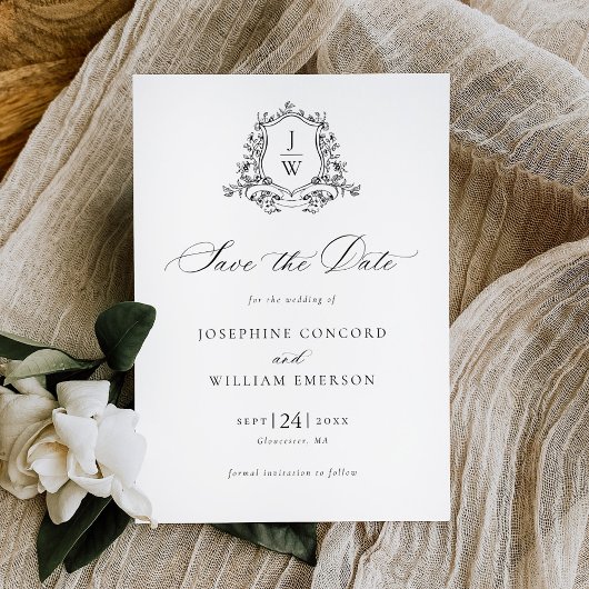 モノグラム伝統的クレストフローラエレガントな結婚式 セーブザデート