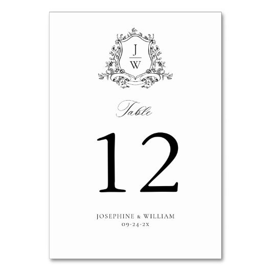 モノグラム伝統的クレストフローラエレガントな結婚式 テーブルナンバー (正面)