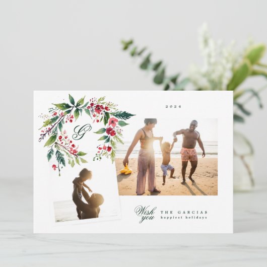 モノグラム伝統的グリーンリース写真コラージュ シーズンカード (スタンド正面)