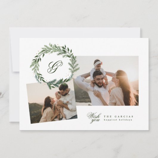 モノグラム伝統的グリーンリース写真コラージュ シーズンカード (正面)