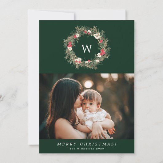モノグラム伝統的リースワンフォトクリスマス シーズンカード (正面)