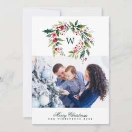 モノグラム伝統的リースワンフォトクリスマス シーズンカード