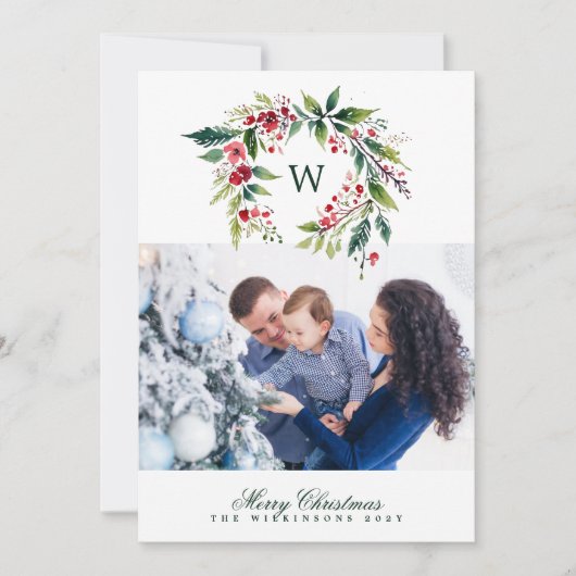 モノグラム伝統的リースワンフォトクリスマス シーズンカード (正面)