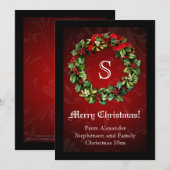 モノグラム伝統的レッドクリスマスリース 招待状 (正面/裏面)