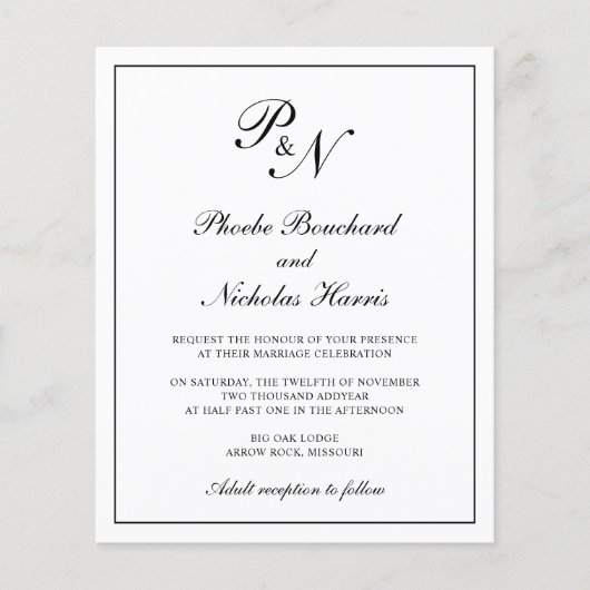 モノグラム伝統的予算結婚式招待状 チラシ (正面)