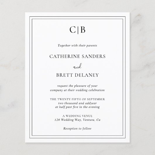 モノグラム伝統的予算結婚式招待状 チラシ (正面)