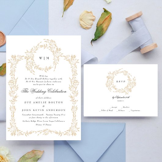 モノグラム伝統的赤面クレストエレガントな結婚式 出欠カード