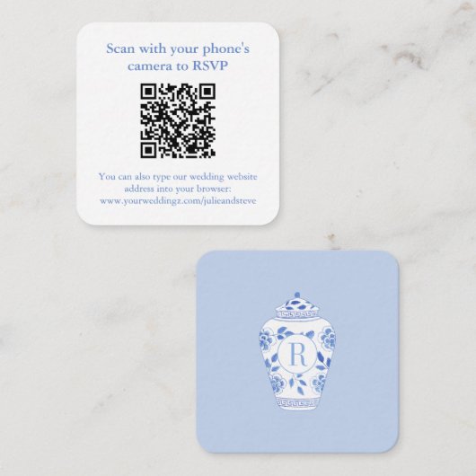 モノグラム何かブルーウェディングシャワーQR RSVP エンクロージャーカード (正面/裏面)