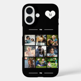 モノグラム入りおしゃれな9枚のフォトコラージュ ブラック iPhone 16ケース