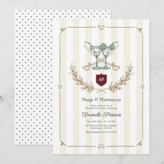 モノグラム入りおしゃれバチェラー・パーティー Preppy Margs & Matrimony 招待状 (正面/裏面)