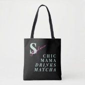 モノグラム入りおもしろママ 抹茶グリーンティーTシャツ 黒 トートバッグ (正面)