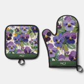 モノグラム入りすみれの花の華やかなフラワーパターン 鍋つかみ&鍋敷きセット (正面)