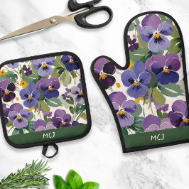 モノグラム入りすみれの花の華やかなフラワーパターン 鍋つかみ&鍋敷きセット