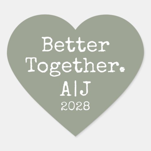 モノグラム入りの「Better Together」セージグリーン結婚式 ハートシール (正面)