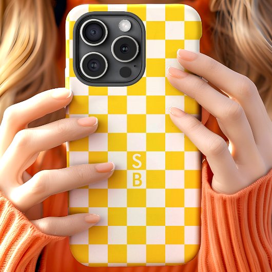 モノグラム入りイエロー&ホワイト チェッカーボード柄 Case-Mate iPhoneケース