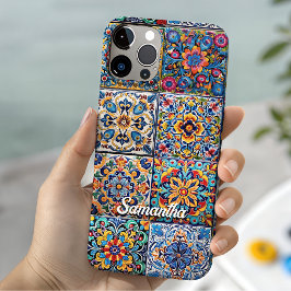 モノグラム入りエレガントなメキシカンタラベラの赤黄色のタイル iPhone 15ケース