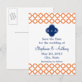 モノグラム入りオレンジ、ロイヤルブルーのクワトロフォイル 案内ポストカード (正面/裏面)