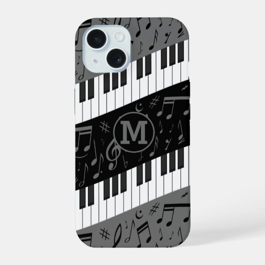 モノグラム入りカーブピアノ鍵盤と音符 iPhone 15ケース (裏面)