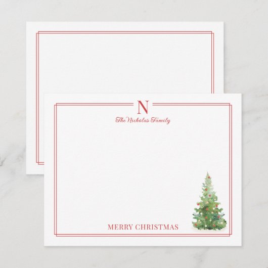 モノグラム入りクリスマスツリー 赤い縁取り 文房具 ノートカード (正面/裏面)