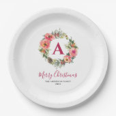 モノグラム入りグリーンとピンクのクリスマスリース ペーパープレート (正面)