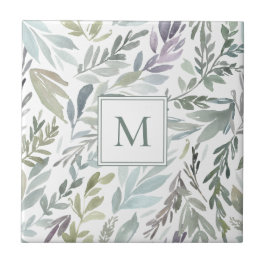 モノグラム入りグリーン＋ブルーボタニカル＋ウォーターカラー タイル