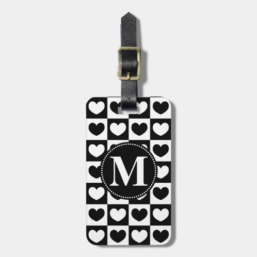 モノグラム入りハート ブラック&ホワイト ラゲッジタグ (正面縦)