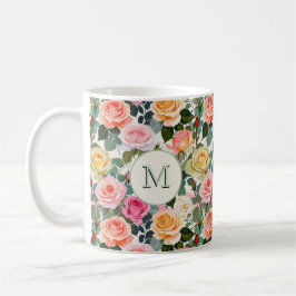 モノグラム入りバラの花フラワープリント コーヒーマグカップ