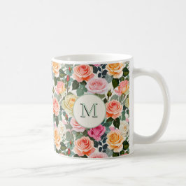 モノグラム入りバラの花フラワープリント コーヒーマグカップ