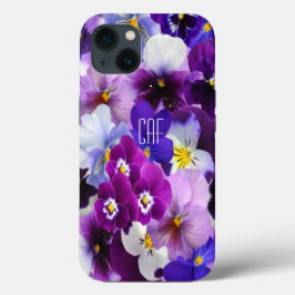 モノグラム入りパープルブルー白パンジー花柄 iPhone 13ケース