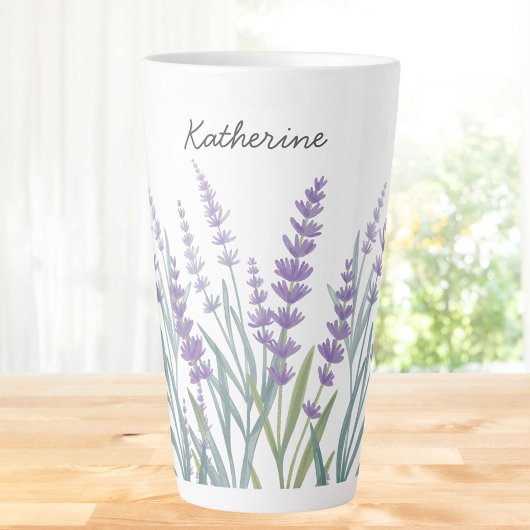 モノグラム入りパープルラベンダー水彩花柄 カフェラテマグ