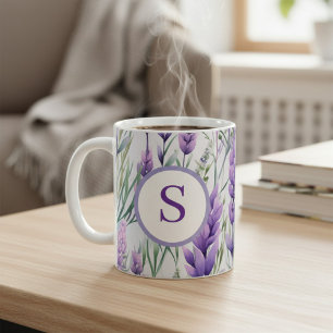 モノグラム入りパープルラベンダー花畑 コーヒーマグカップ