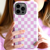 モノグラム入りピンクとホワイトのチェック柄パターン Case-Mate iPhoneケース
