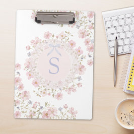 モノグラム入りピンクの花とレースのフラワー クリップボード