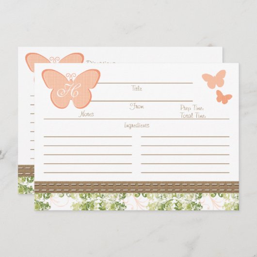 モノグラム入りピンクの蝶のレシピカード (正面/裏面)